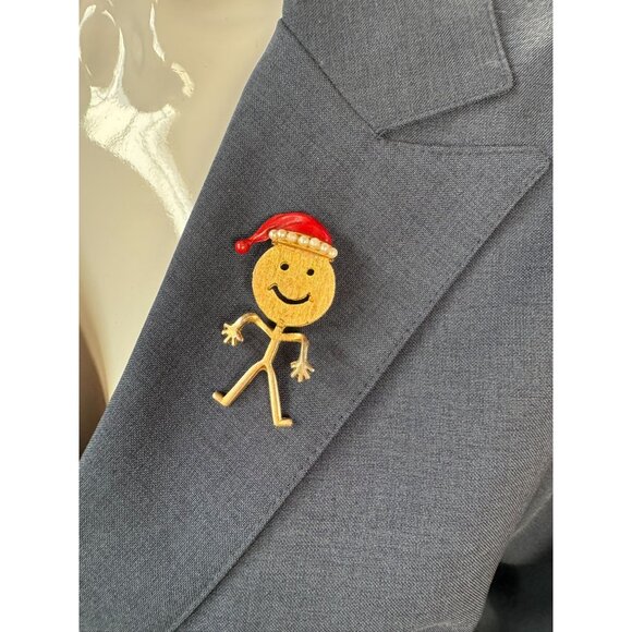 Gold-Toned Stick Figure Brooch With Enamel Santa Hat & Faux Pearl Trim - Picture 15 of 16